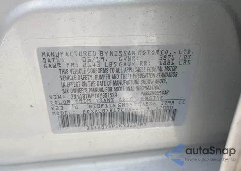 2019 Nissan Sentra S z USA, uszkodzony, nr VIN 3N1AB7AP1KY351529